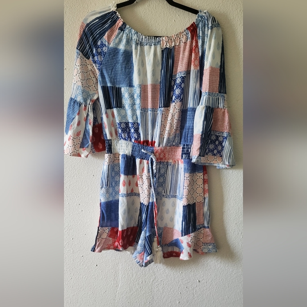 Cato Red White & Blue Patchwork Jumper - M - Off-Shoulder & Flowy